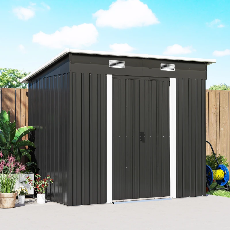 Outsunny 7 x 4ft Outdoor Storage Shed with Foundation Kit, Lean to Metal Garden Shed for Log, Rubbish Bin, Tool, Bike, Black