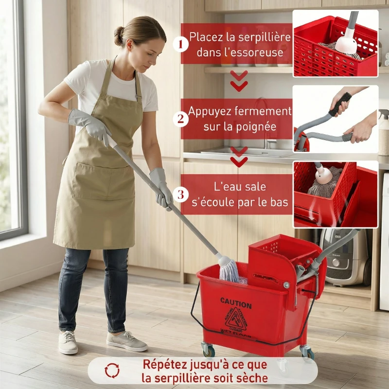 HOMCOM Chariot de ménage chariot de lavage essoreuse latérale seau 20 L, poignée et serpillère, 45 x 26,5 x 70 cm, rouge