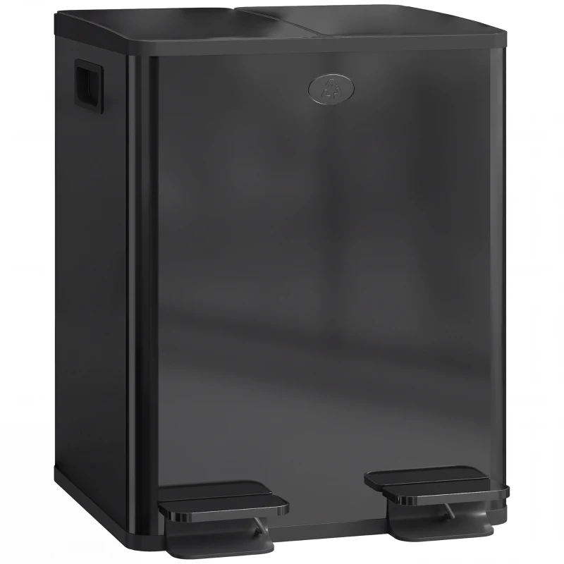 HOMCOM Poubelle de cuisine 2 compartiments de 2 x 20L, acier inoxydable, couvercle à fermeture douce, 45,8x36x51,6cm, noir