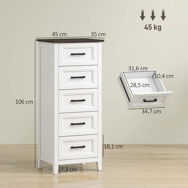 HOMCOM Cómoda Dormitorio Estrecho y Alto con Encimera Efecto Madera Cajonera para Espacios Pequeños 45x35x106 cm Blanco