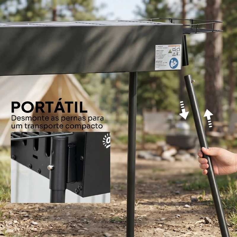 Outsunny Barbecue a Carvão com 2 Grelhas de Aço Inoxidável Portátil com 2 Prateleiras para Temperos com Ganchos 77x30x70 cm Preto