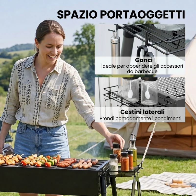 Outsunny Barbecue a Carbonella con 2 Griglie e Cestini Laterali, 94x39x70cm, Nero
