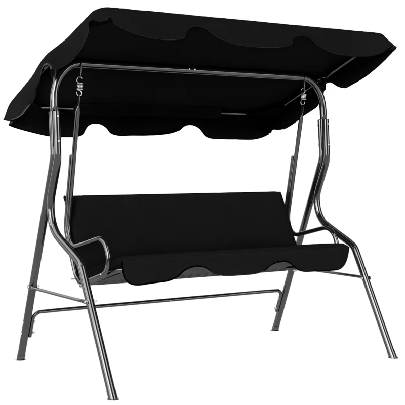 Outsunny Dondolo 3 Posti con Tettuccio Regolabile e Cuscini, in Acciaio e Poliestere, 170x110x153 cm, Nero