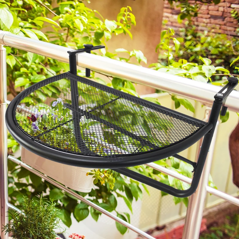 Outsunny Tavolino da Ringhiera Pieghevole con 3 Altezze Regolabili in Metallo, 60x45x50cm, Nero