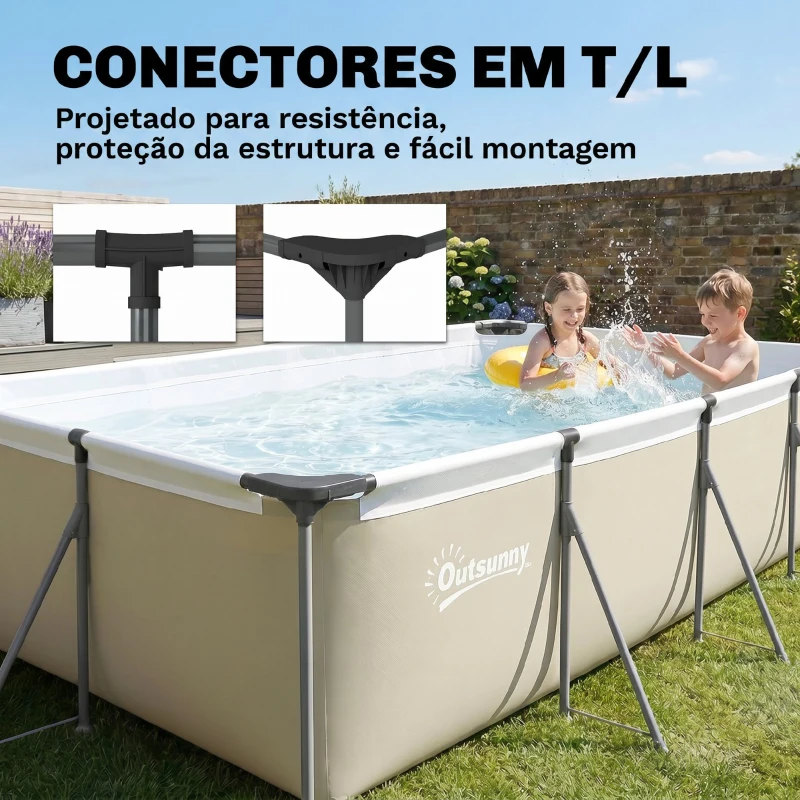 Outsunny Piscina Desmontável Tubular 394,5x208,3x80,5 cm 6075 L Retangular com Estrutura Metálica para 4-6 Pessoas Cinza