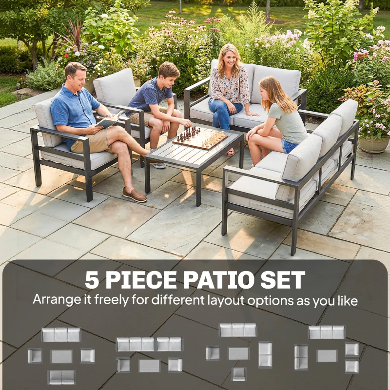 Outsunny 5 Pieces Aluminium Garden Furniture Set with Olefin Cushions, Extra Deep Outdoor Garden Sofa Set, Dark Grey