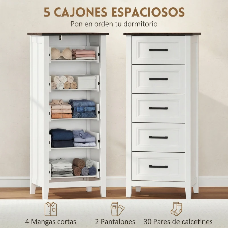 HOMCOM Cómoda Dormitorio Estrecho y Alto con Encimera Efecto Madera Cajonera para Espacios Pequeños 45x35x106 cm Blanco