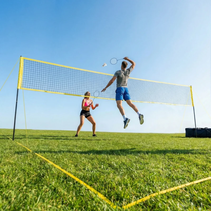 SPORTNOW Ensemble de Volley-Ball et Badminton, Poteaux en Acier Hauteur Réglable, Sac de transport, pour Pelouse Plage Jardin