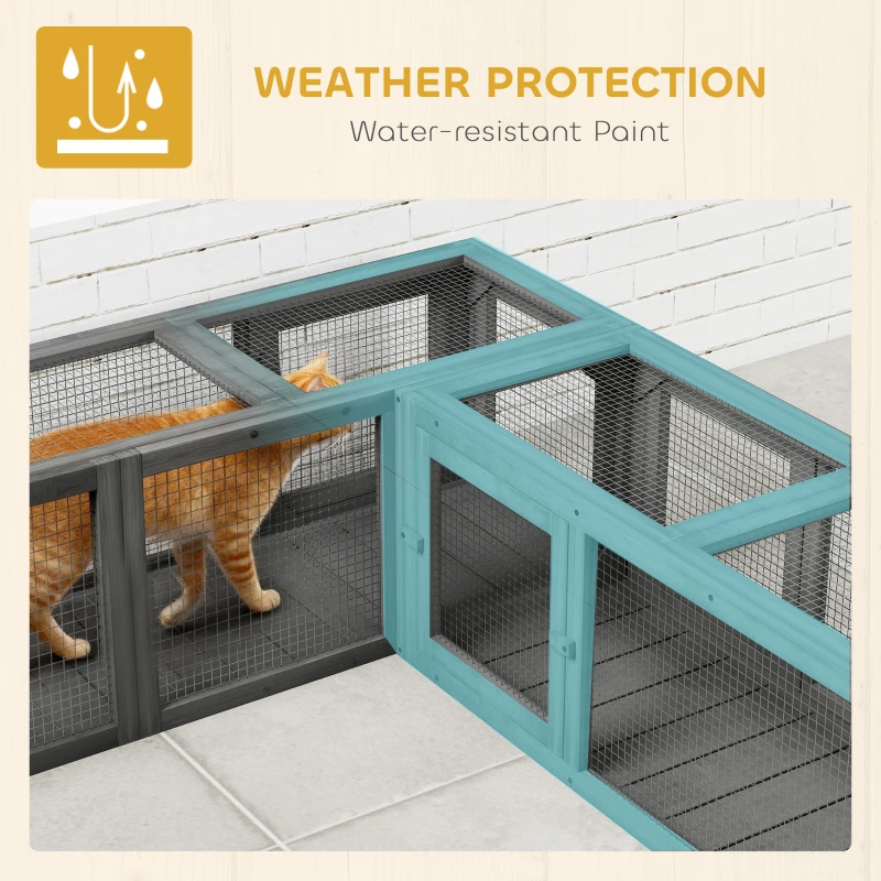 PawHut Cat Tunnel, 250cm Extra Long Wooden Cat Play Tunnel with 8 Doors, L-shape/Rectangle, Outdoor Cat Enclosure, Dark Grey