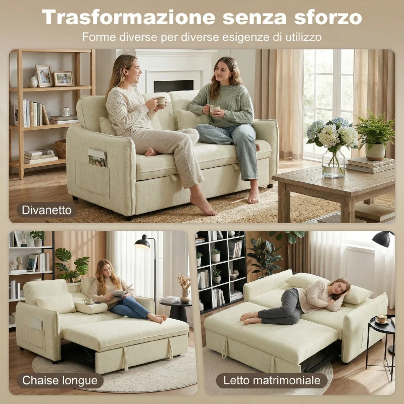 HOMCOM 3 in 1 Divano Letto 2 Posti con Schienale Regolabile in 3 Posizioni con 2 Cuscini, in Ciniglia, Beige