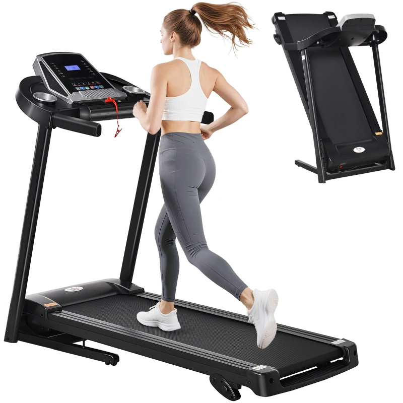 HOMCOM Folding Treadmill, Compact Running Machine with LED Display, Drink & Phone Holder for Home Workout