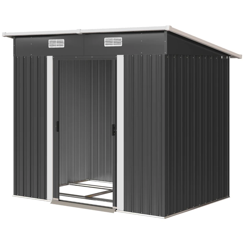 Outsunny 7 x 4ft Outdoor Storage Shed with Foundation Kit, Lean to Metal Garden Shed for Log, Rubbish Bin, Tool, Bike, Black