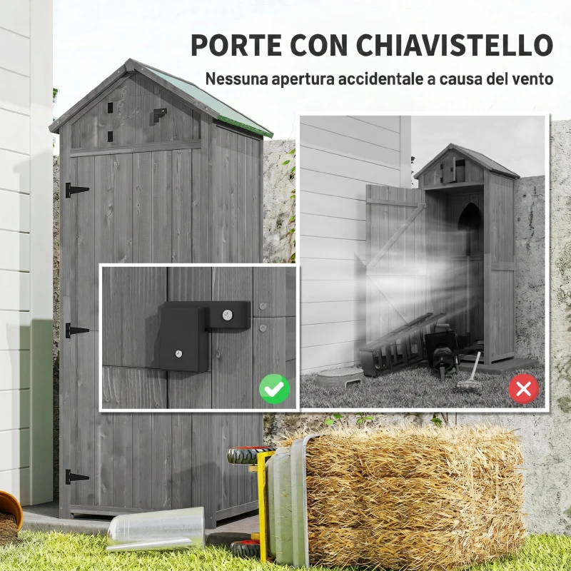 Outsunny Capanno da Giardino Porta Attrezzi in Legno Impermeabile, 77x54.2x179cm - Grigio
