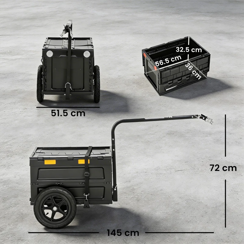 SPORTNOW Rimorchio per Bici, Rimorchio Cargo 65L con Cassa di Stoccaggio Pieghevole e Coperchio, Ruote Pneumatiche a Sgancio Rapido