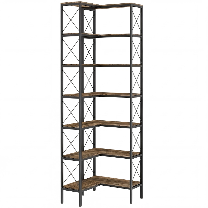 HOMCOM 6-tier L-shaped bookcase, freestanding corner shelf with metal frame, rustic brown