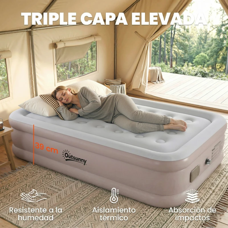 Outsunny Colchón Hinchable Individual Plegable con Bomba Inflado 3 Min Desinflado 2 Min Bolsa Carga 200 kg 190x97x39 cm Caqui
