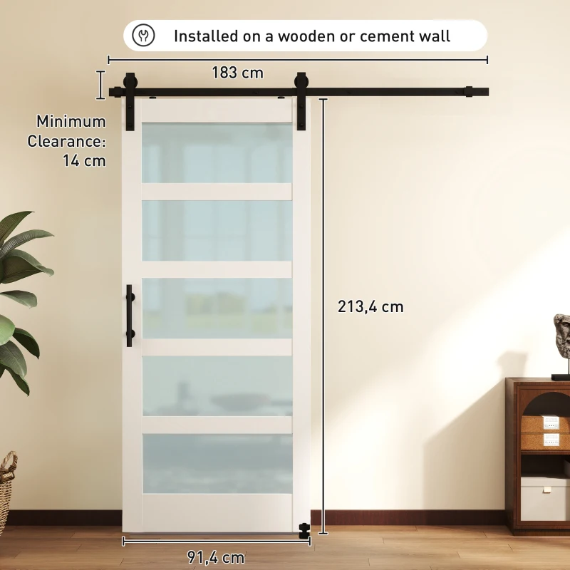 HOMCOM Porta de Correr com Ferragens 91x213 cm Porta de Correr Interior de MDF e Vidro Fosco com Rolo Trilho Guia de Chão Branco