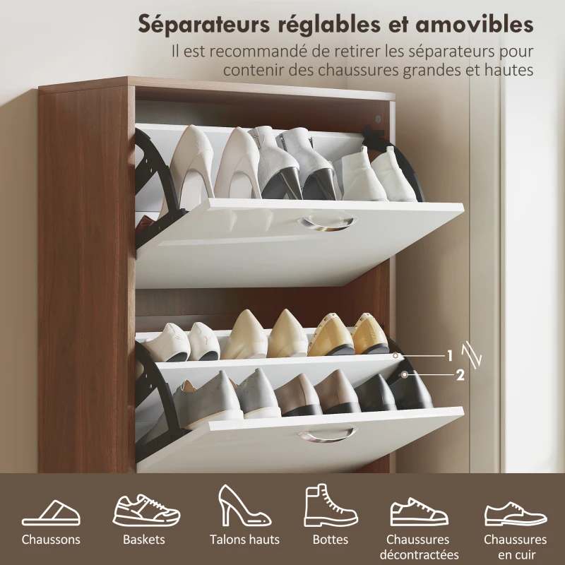 HOMCOM Armoire à Chaussures Meuble à Chaussures Design Contemporain 5 Portes abattantes Bicolore Blanc Marron foncé Imitation Bois(m-5)