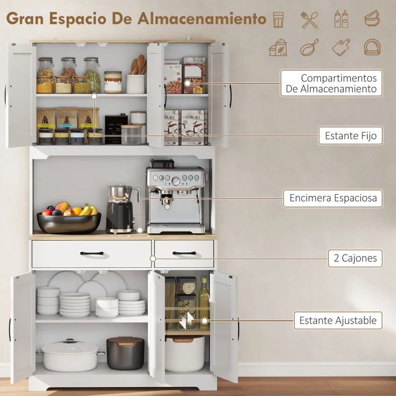 HOMCOM Alacena de Cocina con 6 Puertas Encimera para Microondas 2 Cajones Estantes Ajustables Orificio para Cable Blanco