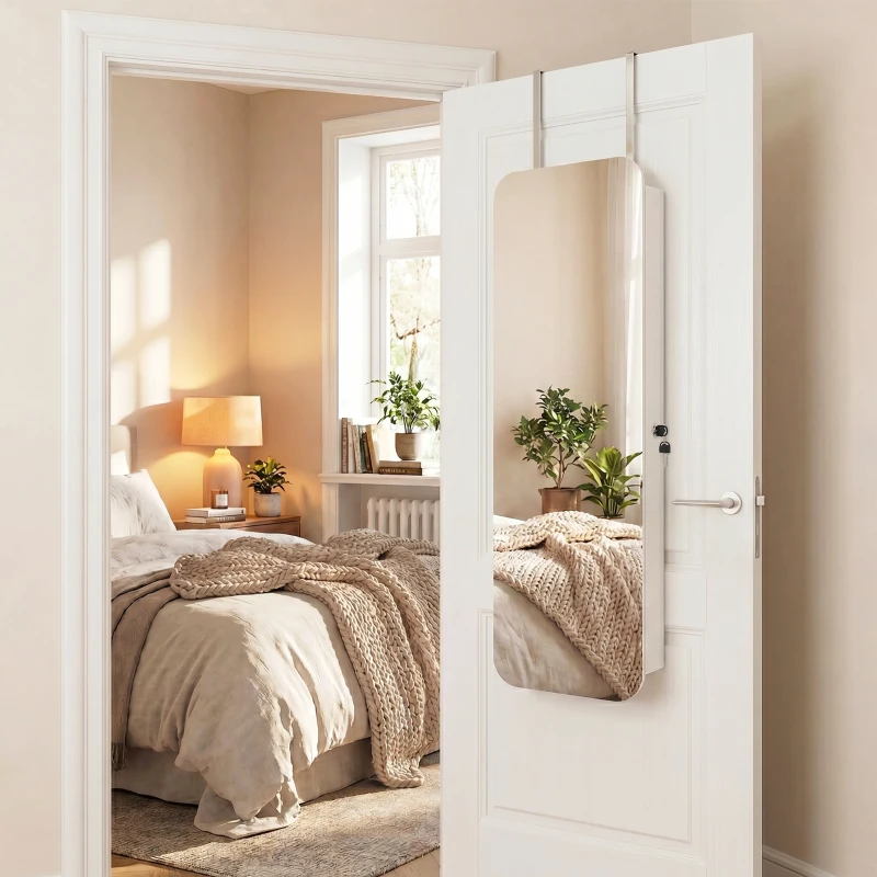 HOMCOM Espelho para Joias com Luz LED Montado na Parede ou na Porta com Fechadura Espelho de Corpo Inteiro 2 Gavetas Branco
