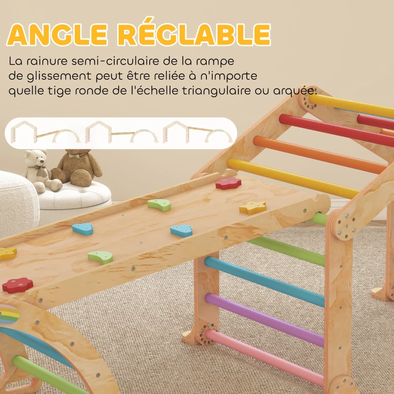 AIYAPLAY Triangle d'escalade enfant avec rampe réversible toboggan bascule et structure d'escalade multicolore