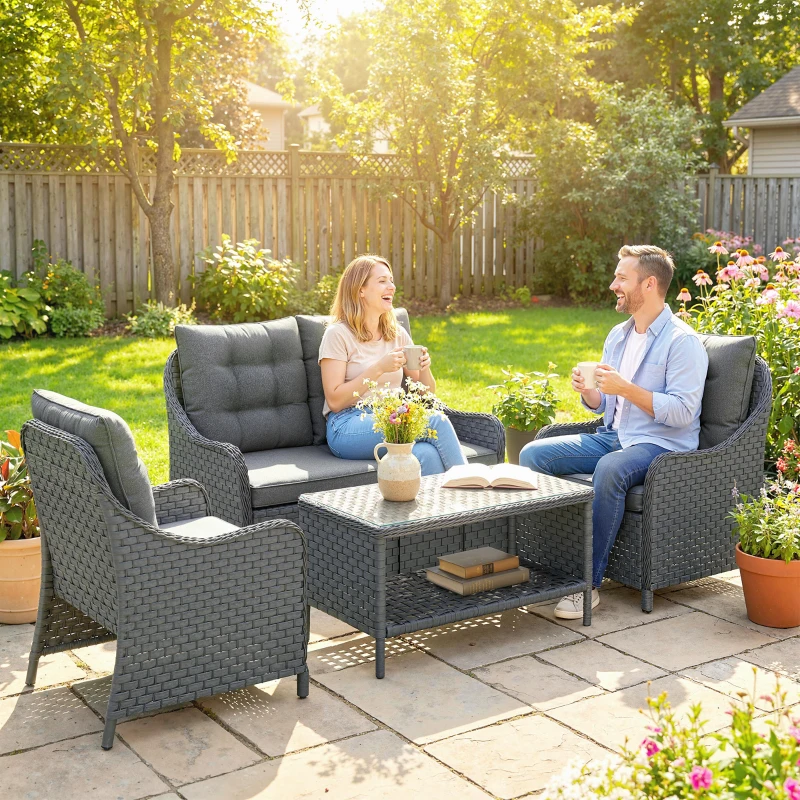 Outsunny 4-Piece Wicker Patio Furniture Set with 2 Armchairs, Loveseat, Glass Coffee Table, Conversation Sofa Set, Dark Grey