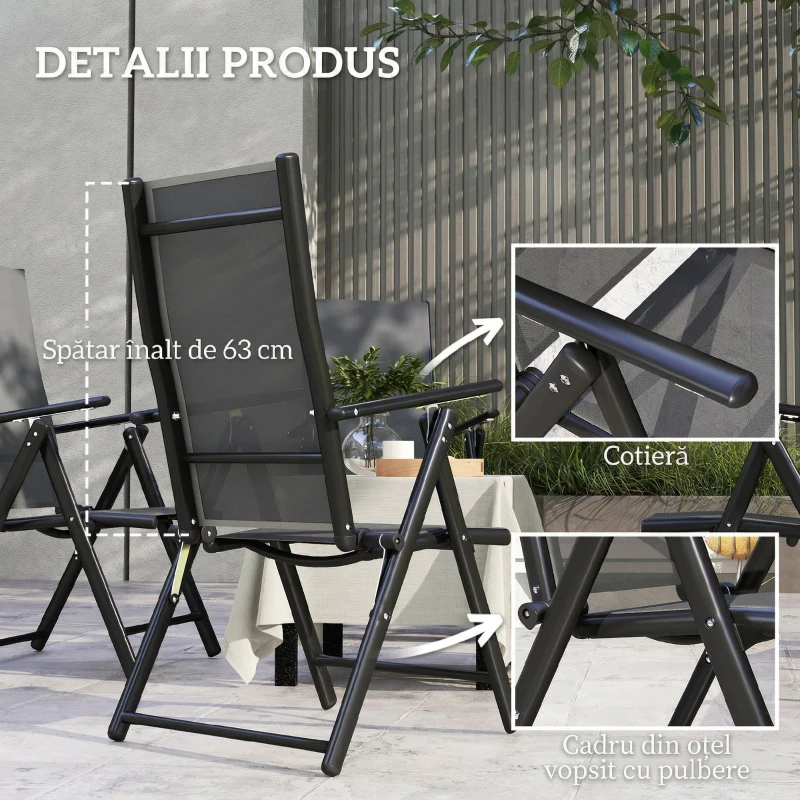 Outsunny Set 4 Scaune de Grădină Pliabile și Respirabile cu Brațe, din Oțel și Poliester, 56x69x106 cm, Gri