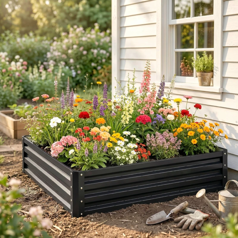 Outsunny Letto per Orto Rialzato a Fondo Aperto con Rivestimento, in Acciaio Zincato, 120x120x30 cm, Grigio