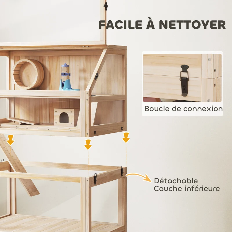 PawHut Cage pour hamster habitat pour rongeur 3 étages avec panneau acrylique et roue 80x53x117cm effet bois naturel
