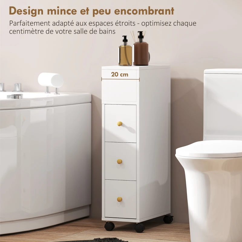 HOMCOM Meuble de salle de bain à roulettes, meuble de rangement étroit, 3 tiroirs, 5 compartiments ouverts,  20x40x80cm, blanc