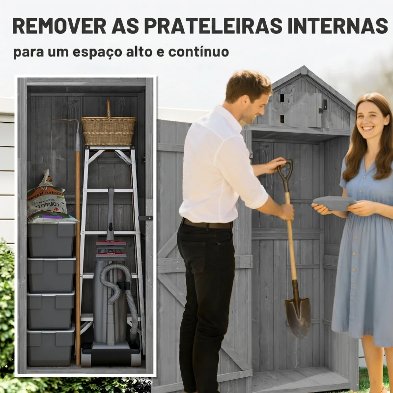 Outsunny Armário de Jardim de Madeira 77x54,2x179 cm 0,3 m² Armário de Armazenamento com 3 Prateleiras e 2 Portas Cinza e Verde