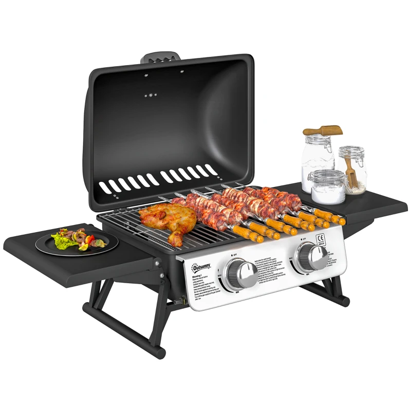 Outsunny Barbecue gaz de table transportable, 2 brûleurs 5,6 KW, barbecue gaz de camping avec étagères latérales, couvercle, noir