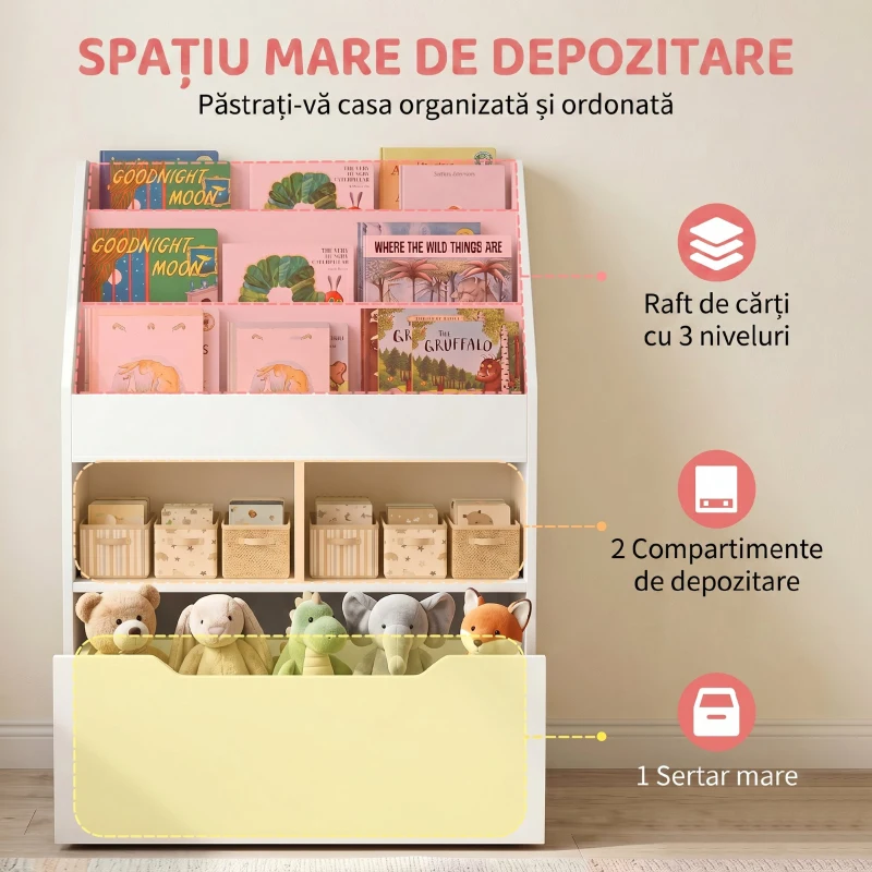 HOMCOM Mică bibliotecă pentru copii cu rafturi și sertar din MDF, 60x29,9x90cm, alb