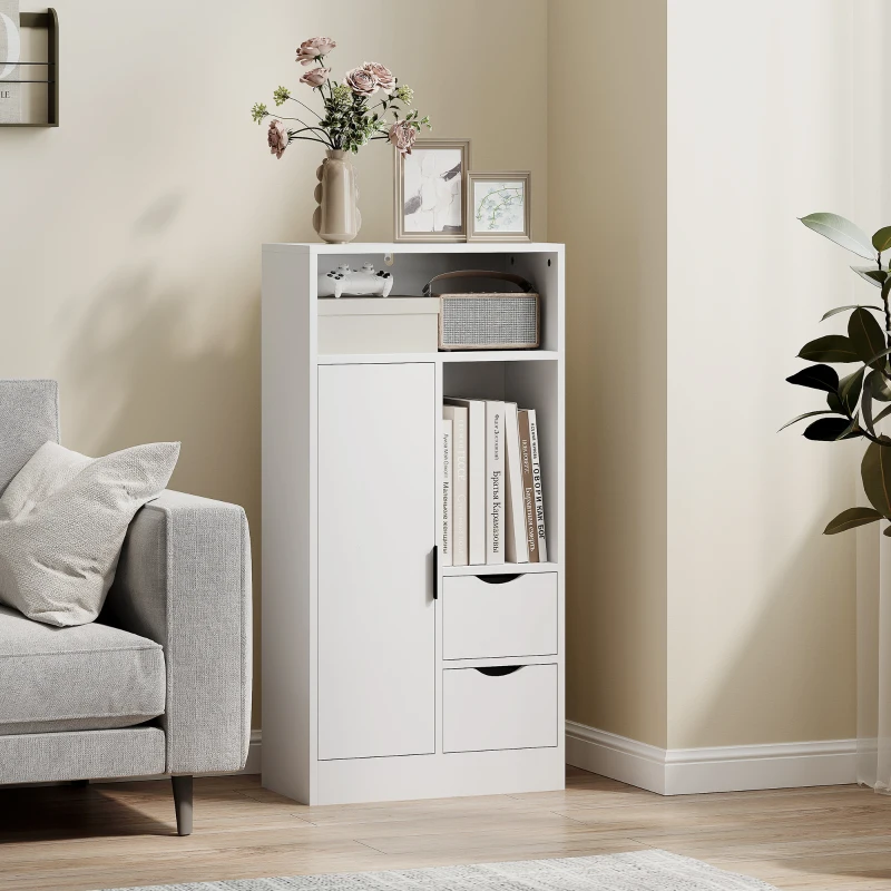 HOMCOM Meuble de salle de bain, meuble de rangement étroit avec 2 tiroirs, compartiments ouverts, 50x25x100cm, blanc