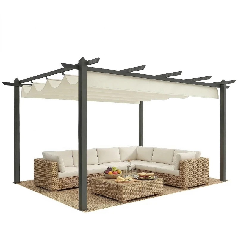 Outsunny 4 x 3(m) Aluminium Pergola with Retractable Roof, Garden Gazebo Canopy Shelter for Outdoor, Patio, Cream White