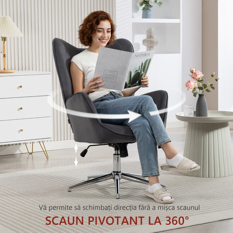 HOMCOM Fotoliu de Salon Rotativ cu Mânere, din Catifea, cu Funcție de Legănare și Înălțime Reglabilă, Gri Închis
