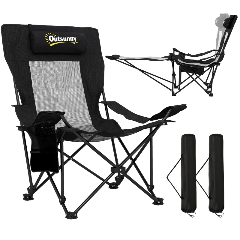 Outsunny Camping Chair Reclining Portable Camp Chair with Detachable Footrest Cup Holder Black