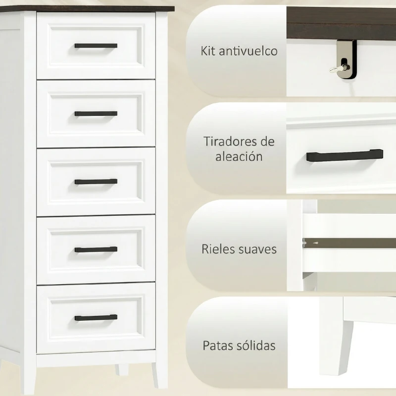 HOMCOM Cómoda Dormitorio Estrecho y Alto con Encimera Efecto Madera Cajonera para Espacios Pequeños 45x35x106 cm Blanco
