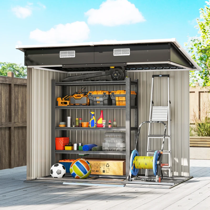 Outsunny 7 x 4ft Outdoor Storage Shed with Foundation Kit, Lean to Metal Garden Shed for Log, Rubbish Bin, Tool, Bike, Black
