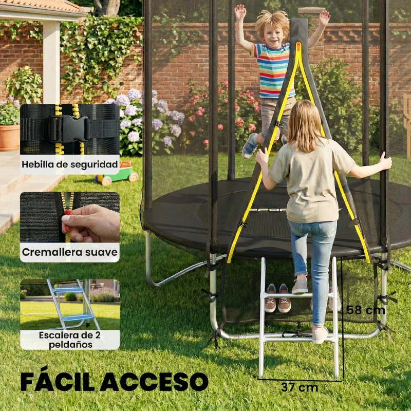 SPORTNOW Cama Elástica Exterior Ø183 cm Trampolín para Niños +6 Años Adultos con Red de Seguridad Escalera de 2 Peldaños Negro