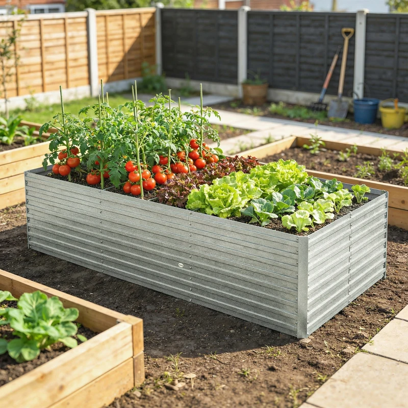 Outsunny Jardinière extérieure, jardinière surélevée galvanisée bordure de sécurité et fond ouvert 240 x 120 x 60 cm gris argenté