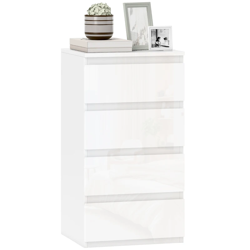 HOMCOM Commode slim, 4 tiroirs laqués, blanc, pour chambre.