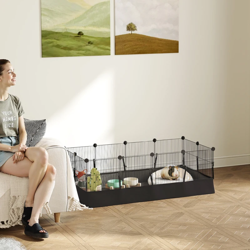 PawHut Enclos pour petits animaux, cage à lapin modulable 12 panneaux avec tapis étanche, en acier, 120 x 60 x 40 cm, noir