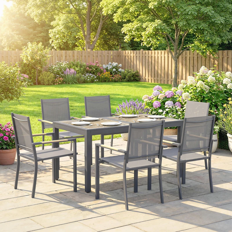 Outsunny Salon de Jardin Ensemble Mobilier de Jardin 7 Pièces Table Effet Bois 6 Chaises Empilables en Textilène 140x80x72cm Gris