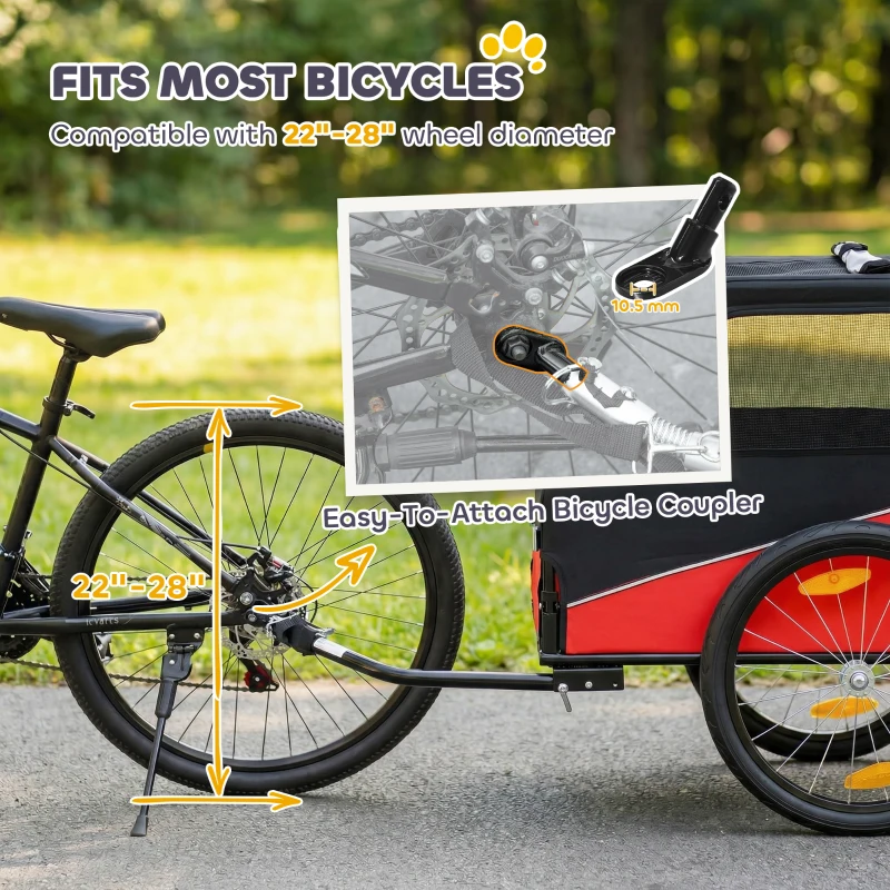 PawHut Dog Bike Trailer, Dog Cart Bicycle Carrier for Small and Medium Pets with 20" Inflatable Rubber Wheels, Red