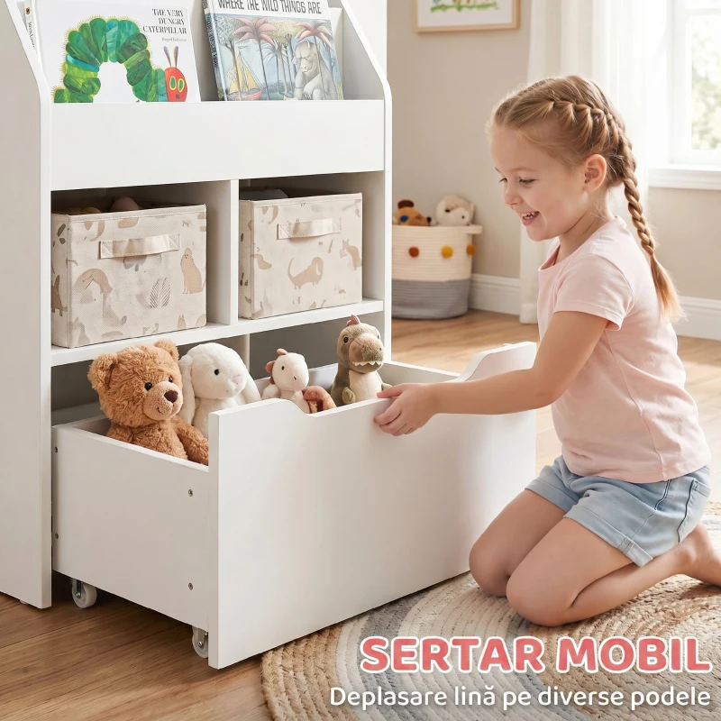 HOMCOM Mică bibliotecă pentru copii cu rafturi și sertar din MDF, 60x29,9x90cm, alb