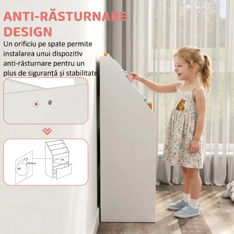HOMCOM Mică bibliotecă pentru copii cu rafturi și sertar din MDF, 60x29,9x90cm, alb