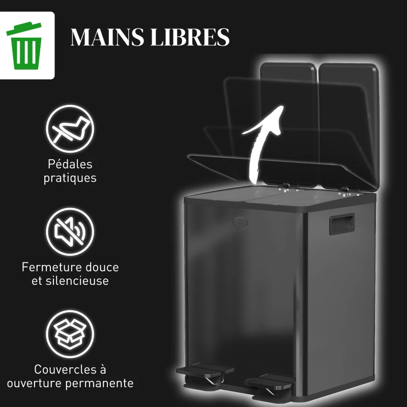HOMCOM Poubelle de cuisine 2 compartiments de 2 x 20L, acier inoxydable, couvercle à fermeture douce, 45,8x36x51,6cm, noir