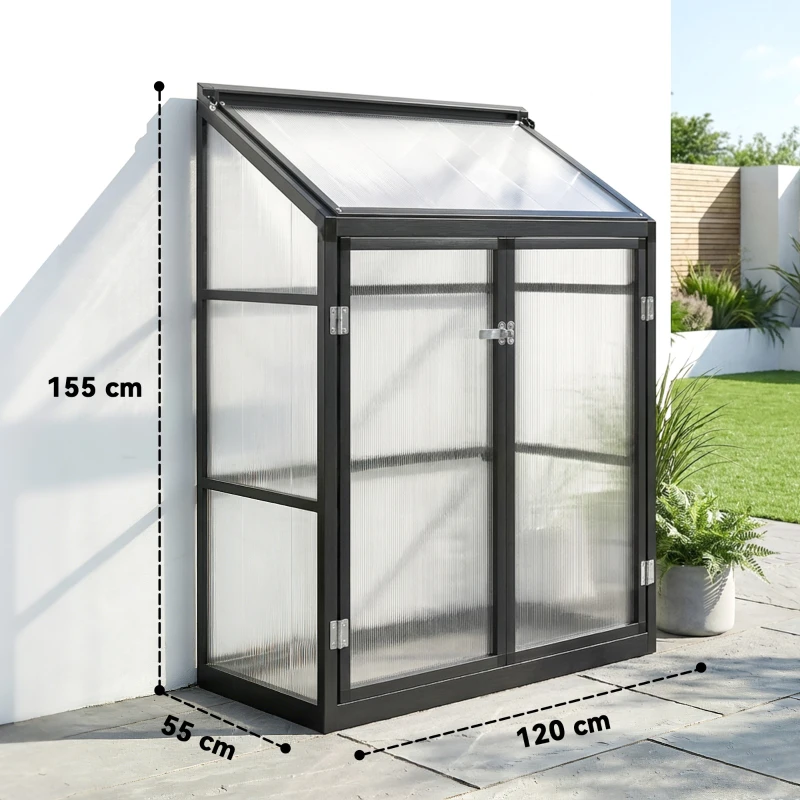 Outsunny Polycarbonate Greenhouse with Hinged Door, Top Vent, Lean-to Green House, Walk-in Greenhouse, 4 x 2ft, Black