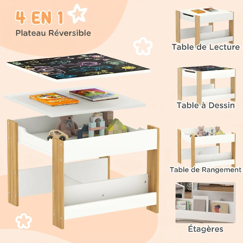HOMCOM Ensemble 3 pièces table et 2 chaises pour enfant avec plateau réversible tableau noir, panier de rangement, étagères